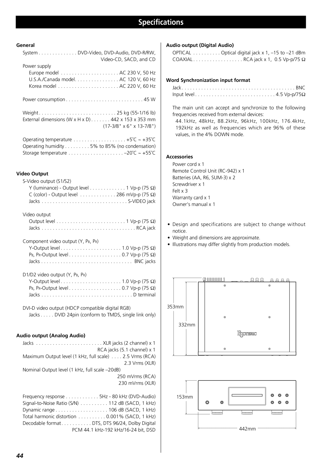 Esoteric UX-1 owner manual Specifications 