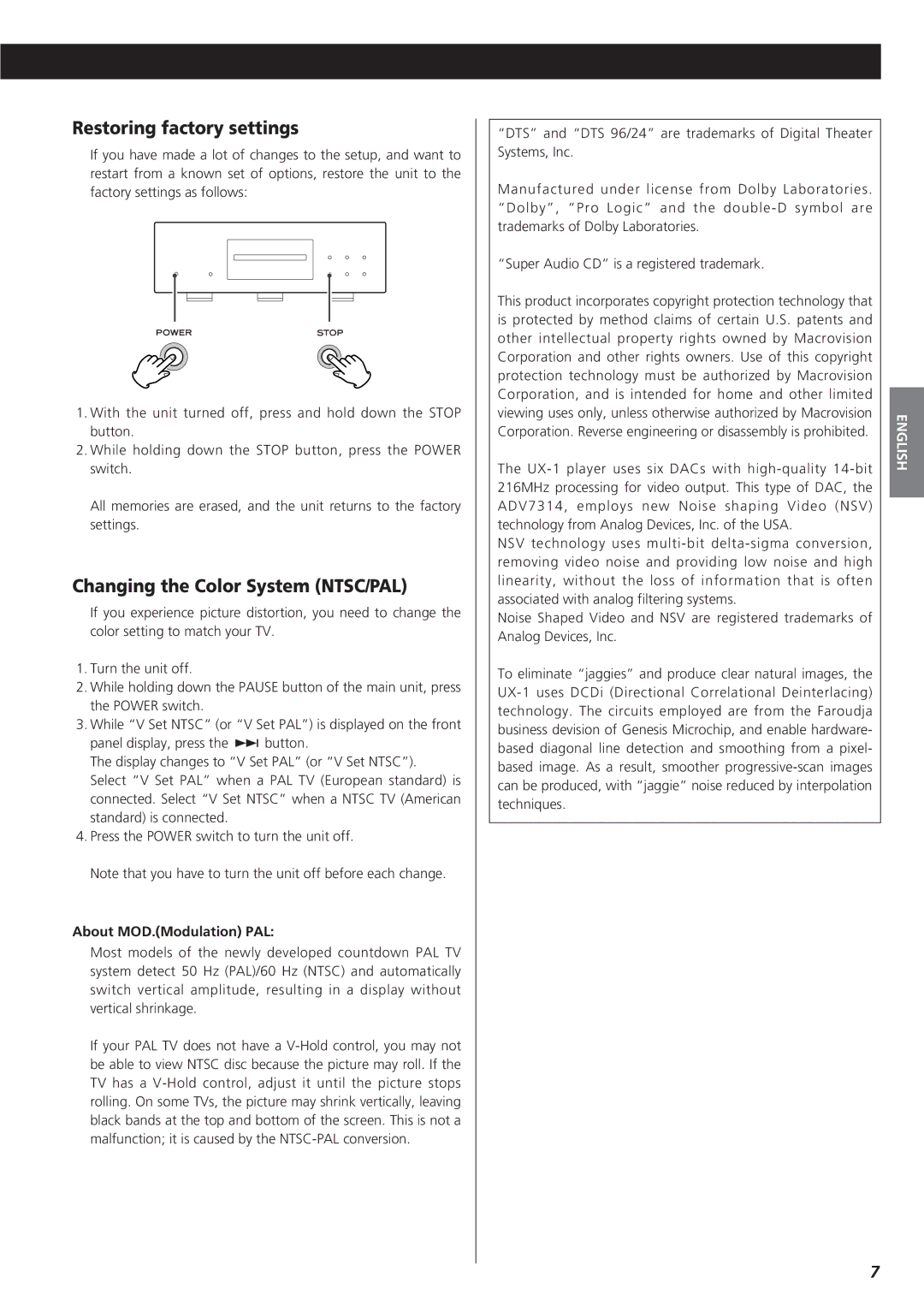 Esoteric UX-1 owner manual Restoring factory settings, Changing the Color System NTSC/PAL, About MOD.Modulation PAL 