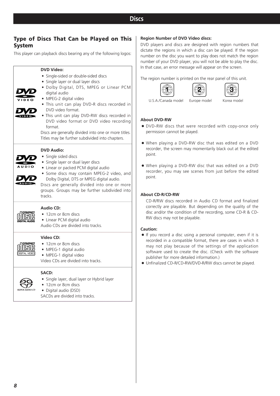 Esoteric UX-1 owner manual Type of Discs That Can be Played on This System, Sacd 