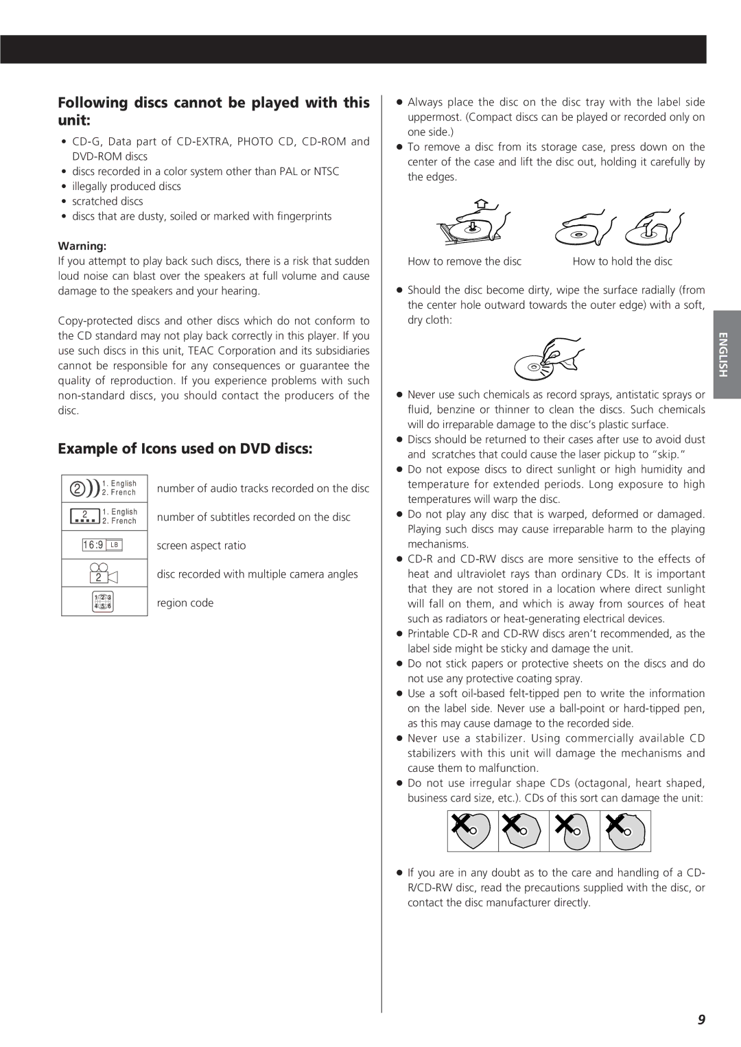 Esoteric UX-1 owner manual Following discs cannot be played with this unit, Example of Icons used on DVD discs 