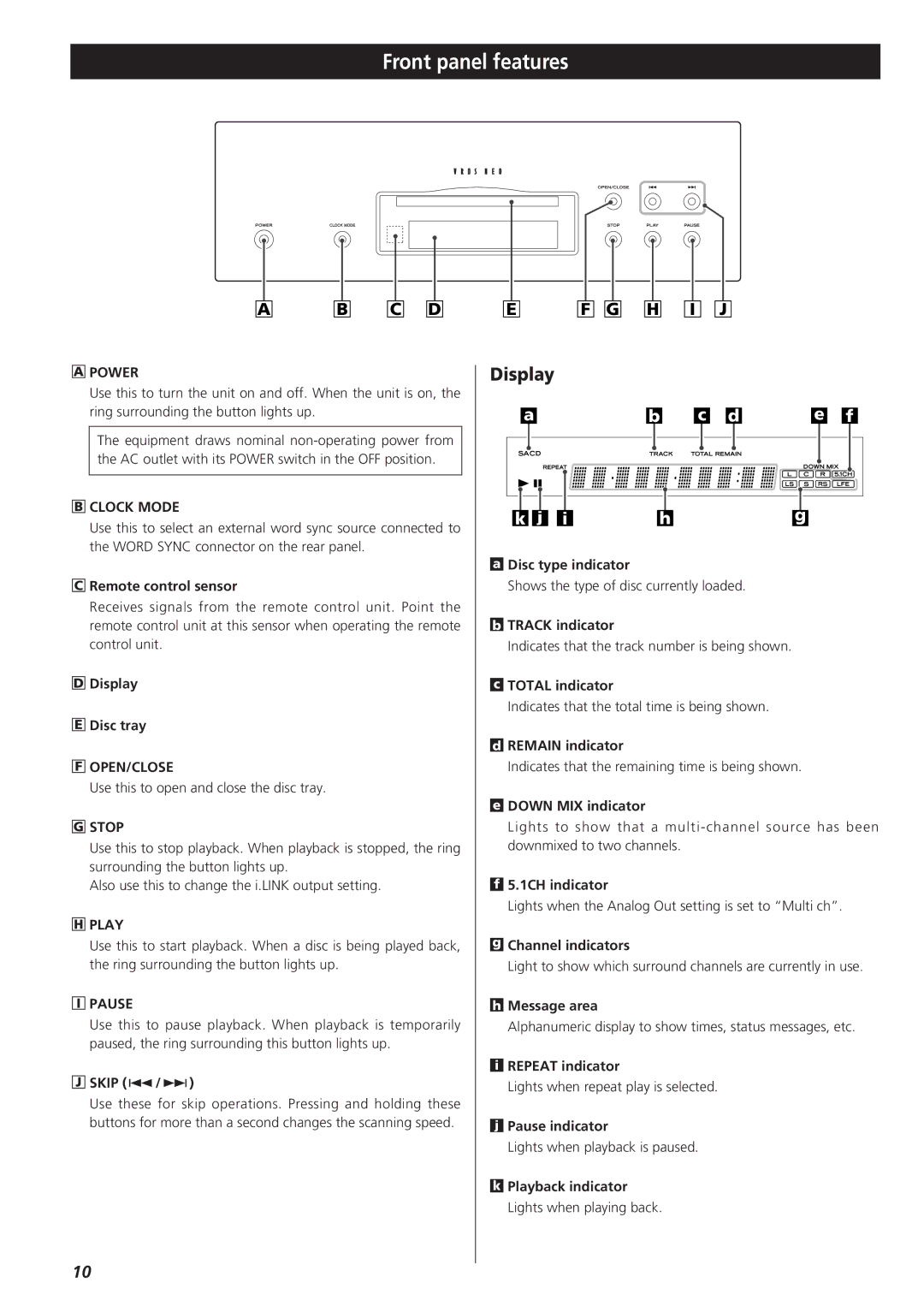 Esoteric X-03 owner manual Front panel features, Display 