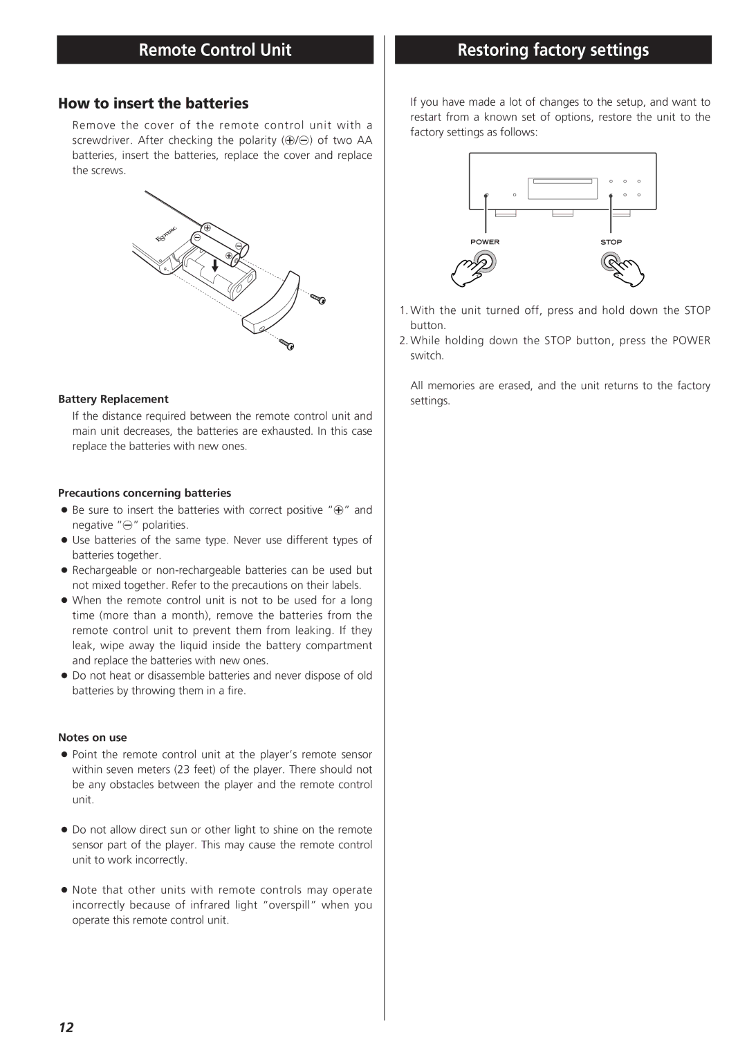 Esoteric X-03 Remote Control Unit, Restoring factory settings, How to insert the batteries, Battery Replacement 