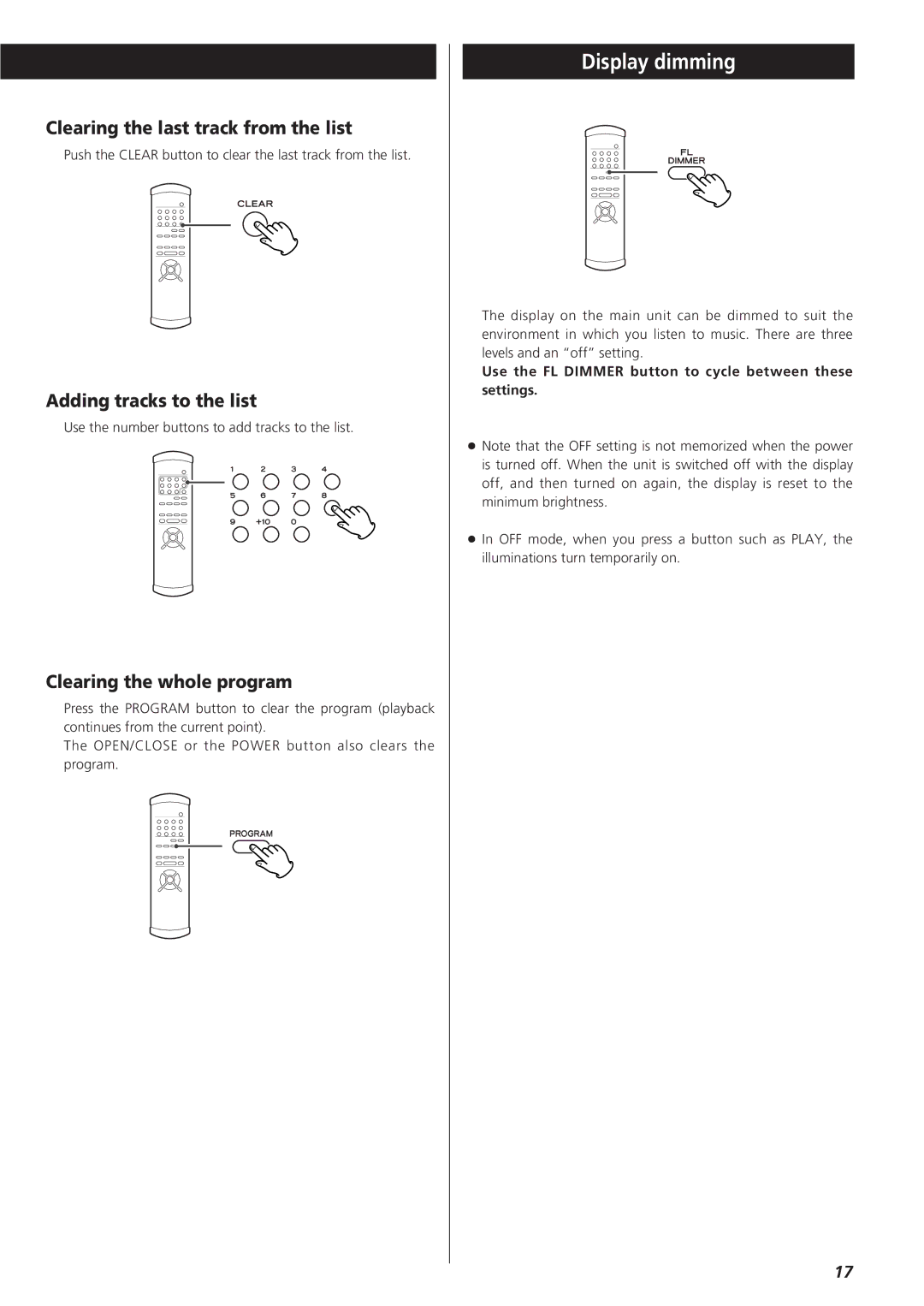 Esoteric X-03 owner manual Display dimming, Clearing the last track from the list, Adding tracks to the list 