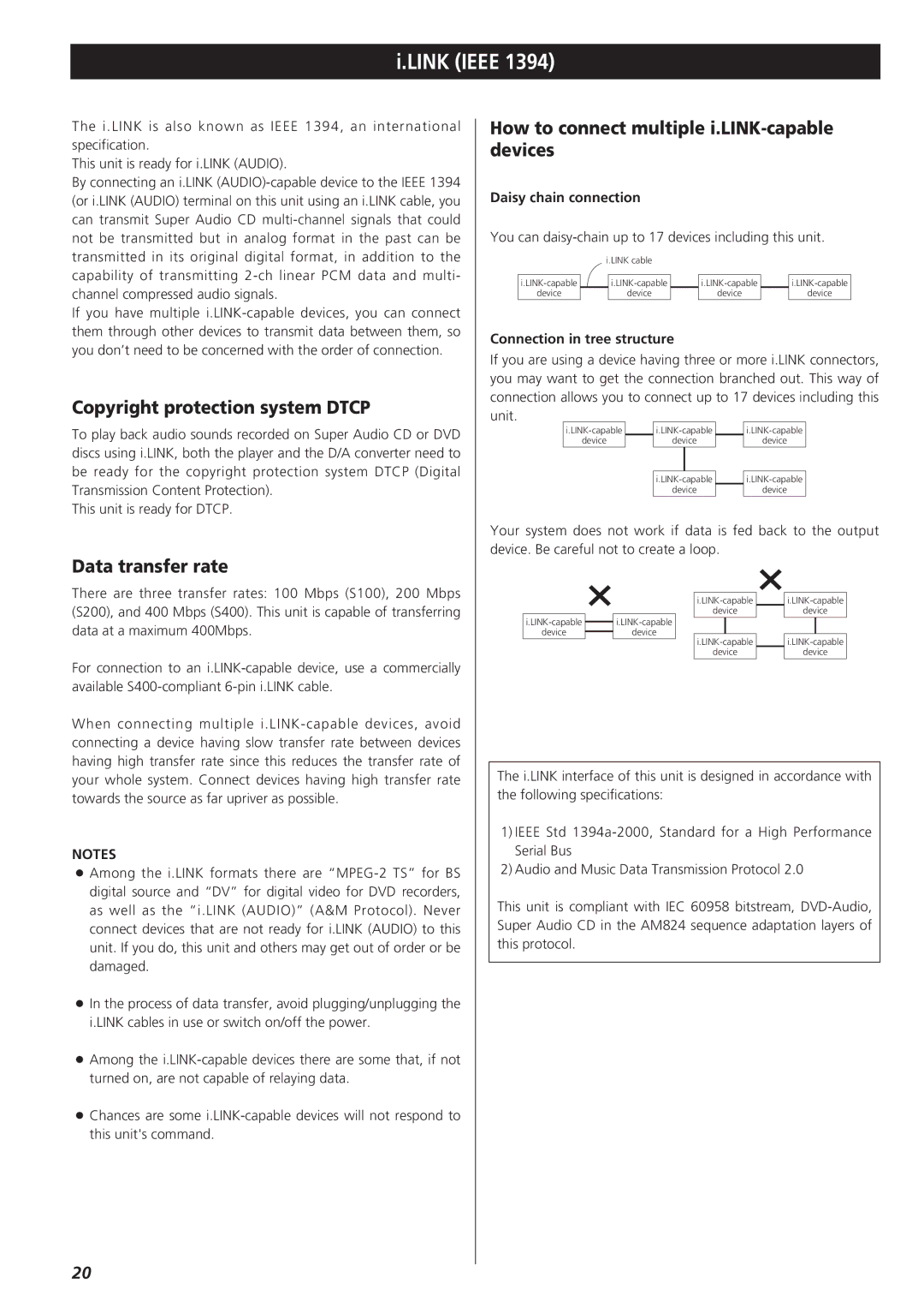 Esoteric X-03 owner manual Link Ieee, Copyright protection system Dtcp, Data transfer rate 