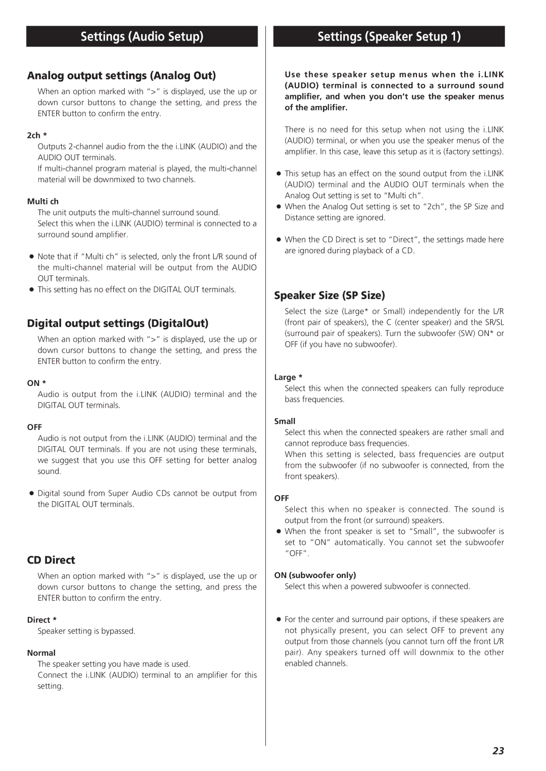 Esoteric X-03 owner manual Settings Audio Setup, Settings Speaker Setup 