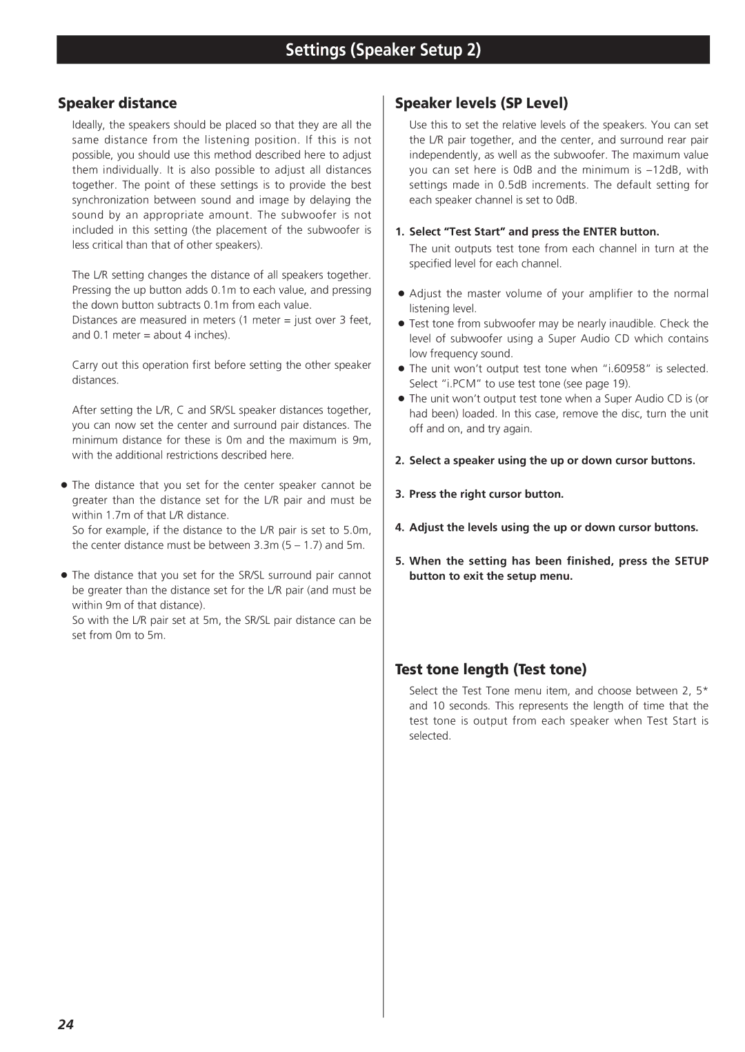 Esoteric X-03 owner manual Speaker distance, Speaker levels SP Level, Test tone length Test tone 