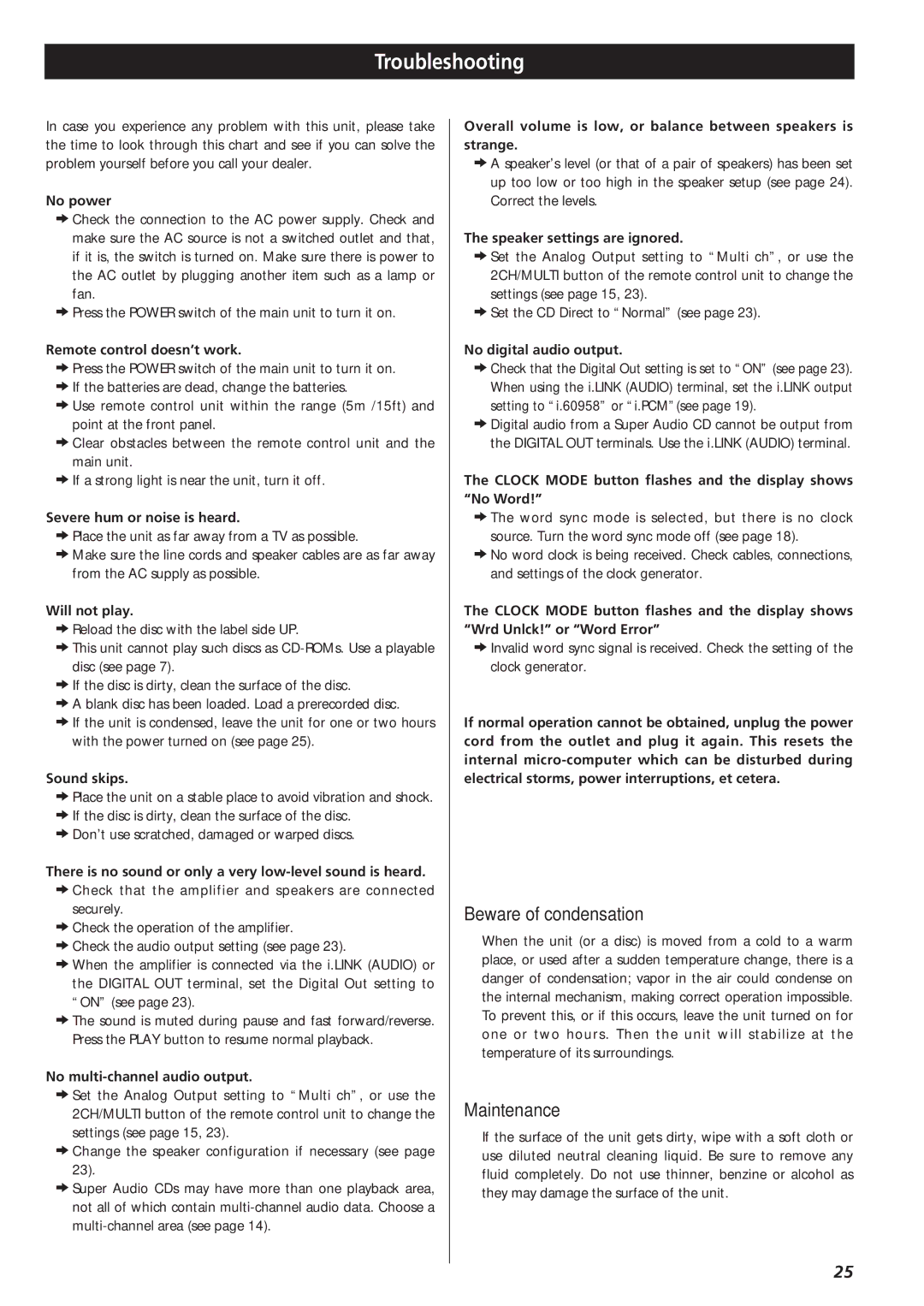 Esoteric X-03 owner manual Troubleshooting, Beware of condensation, Maintenance 