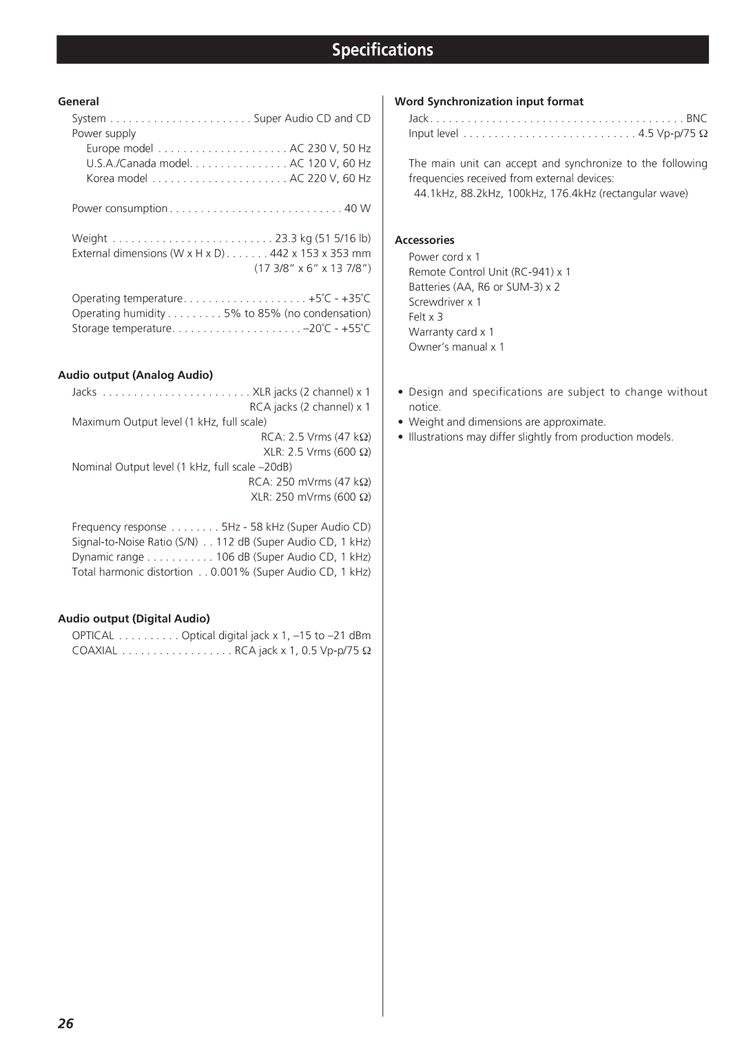 Esoteric X-03 owner manual Specifications 