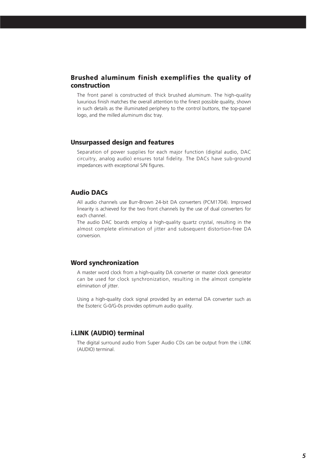 Esoteric X-03 owner manual Unsurpassed design and features, Audio DACs, Word synchronization, Link Audio terminal 