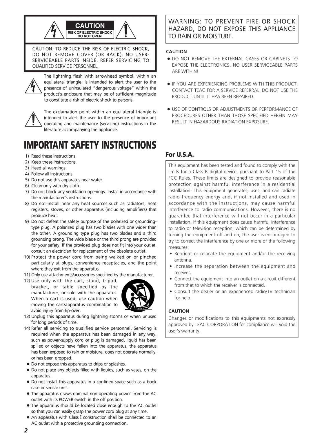 Esoteric X-03 owner manual For U.S.A, Important Safety Instructions 
