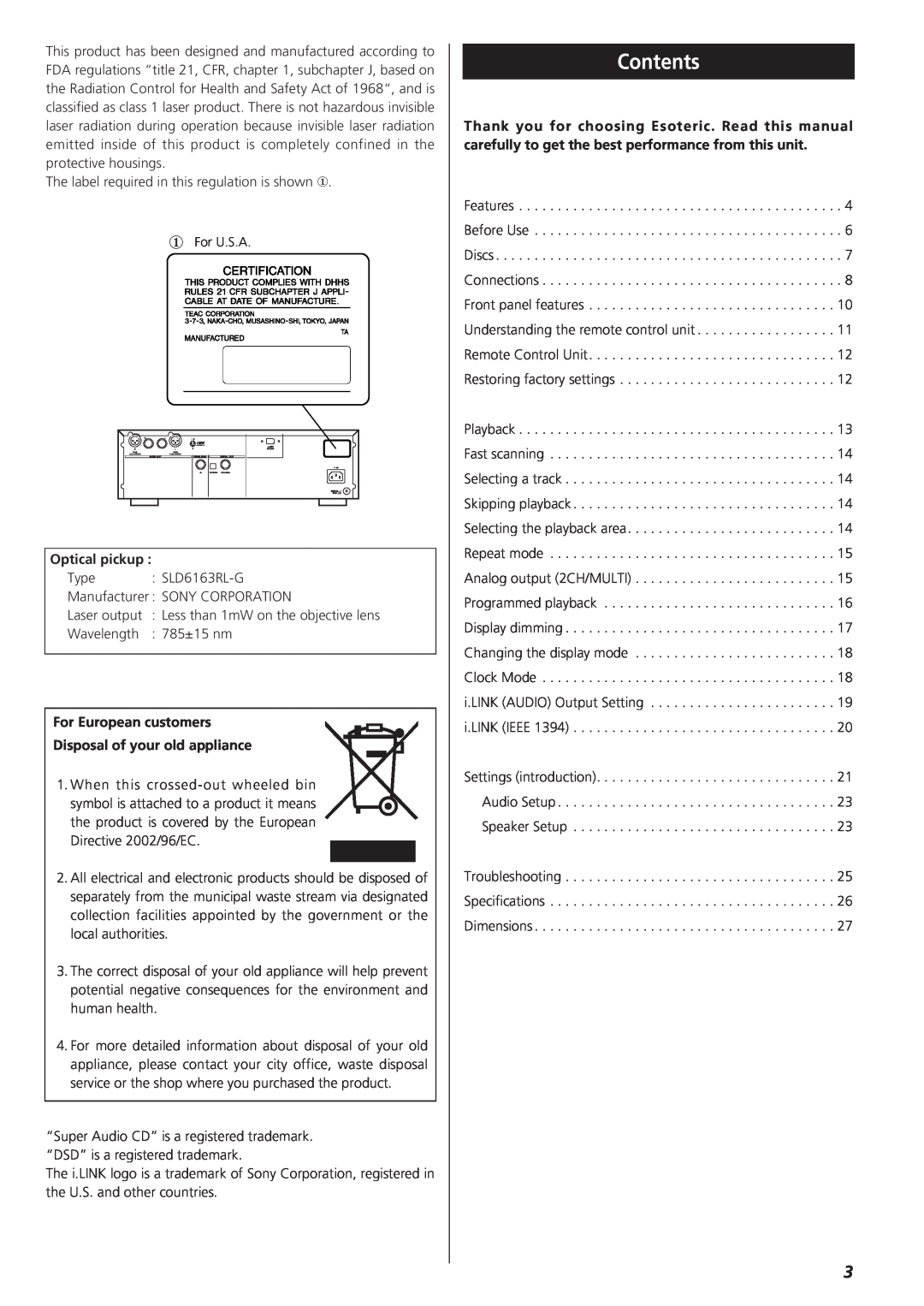Esoteric X-03 owner manual Contents, Optical pickup, For European customers, Disposal of your old appliance 