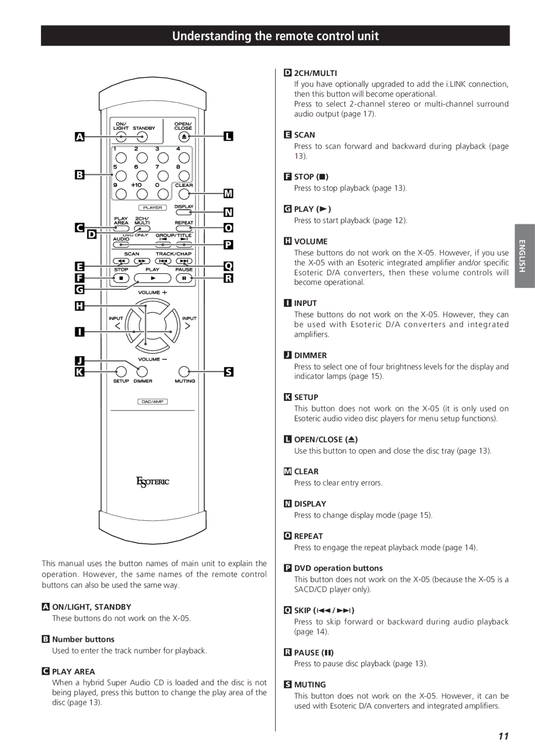 Esoteric X-05 owner manual Understanding the remote control unit 