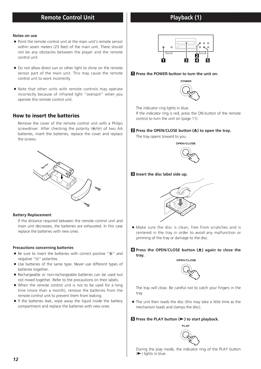 Esoteric X-05 owner manual Remote Control Unit, Playback, How to insert the batteries 