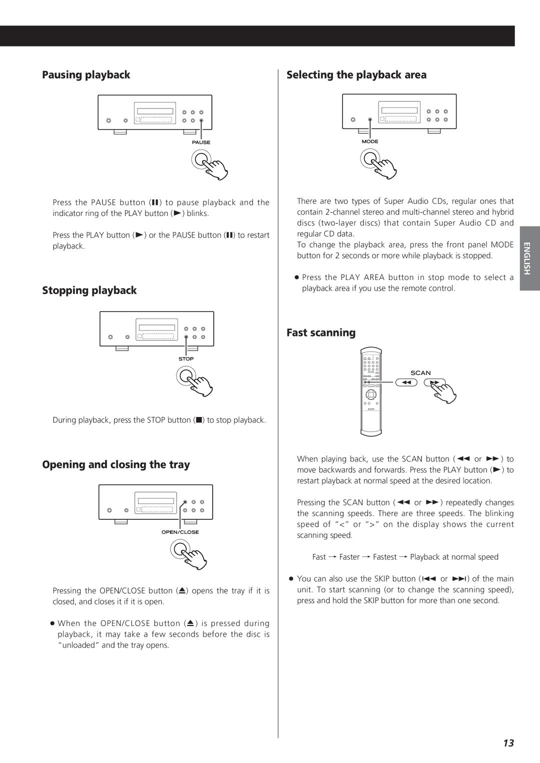 Esoteric X-05 owner manual Pausing playback, Stopping playback, Opening and closing the tray, Selecting the playback area 