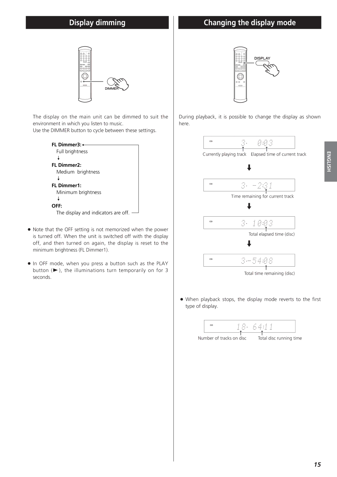 Esoteric X-05 owner manual Display dimming, Changing the display mode, Off 