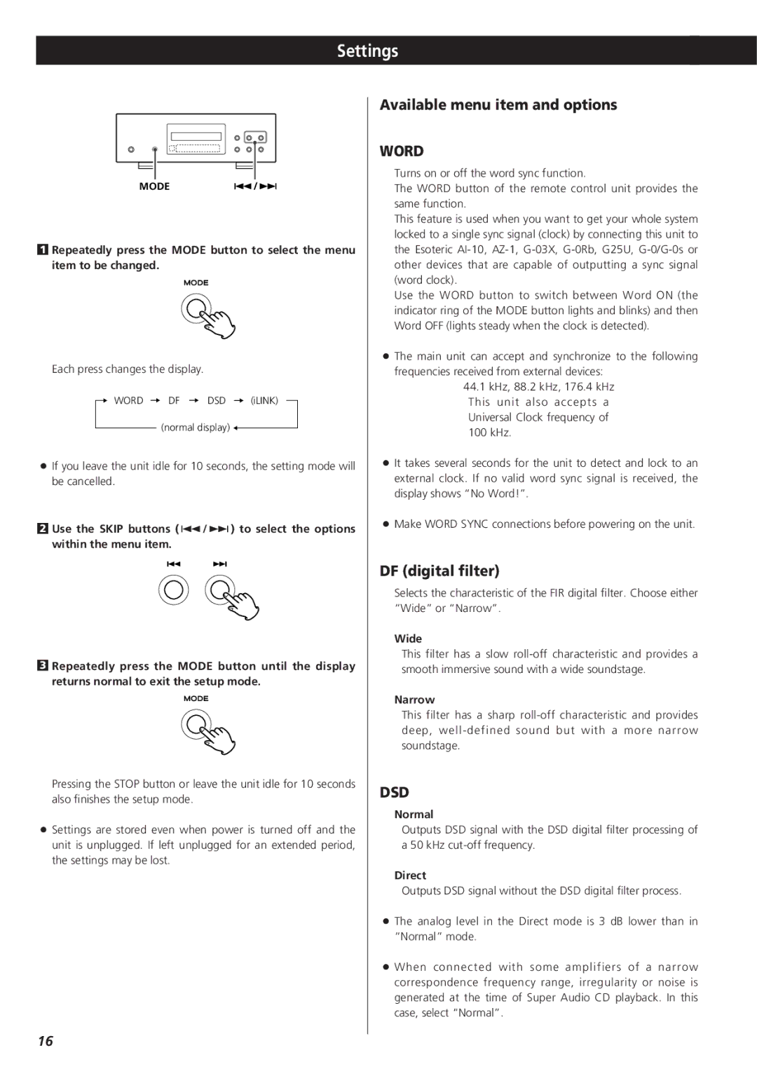 Esoteric X-05 owner manual Settings, Available menu item and options, DF digital filter 