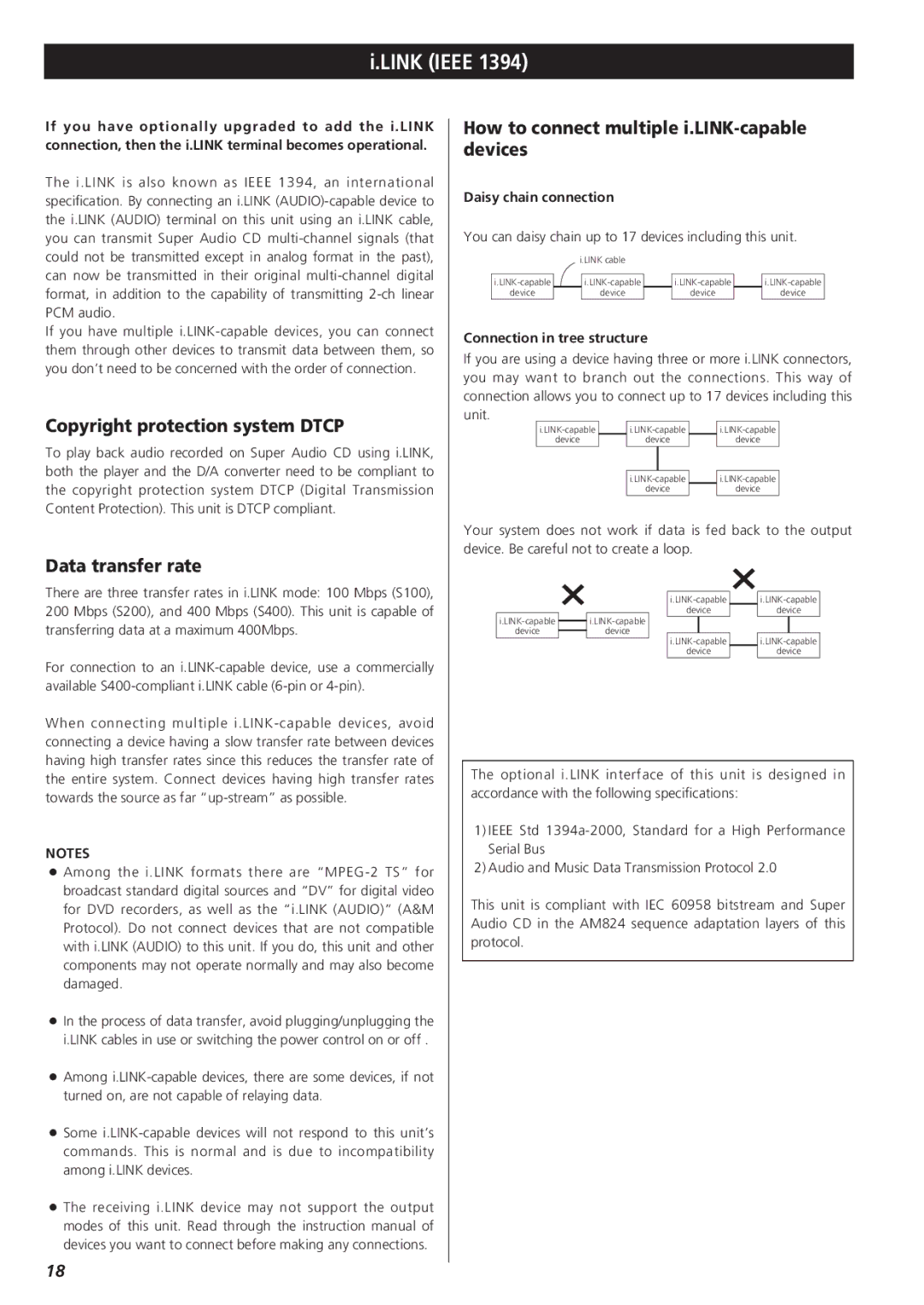 Esoteric X-05 owner manual Link Ieee, Copyright protection system Dtcp, Data transfer rate 