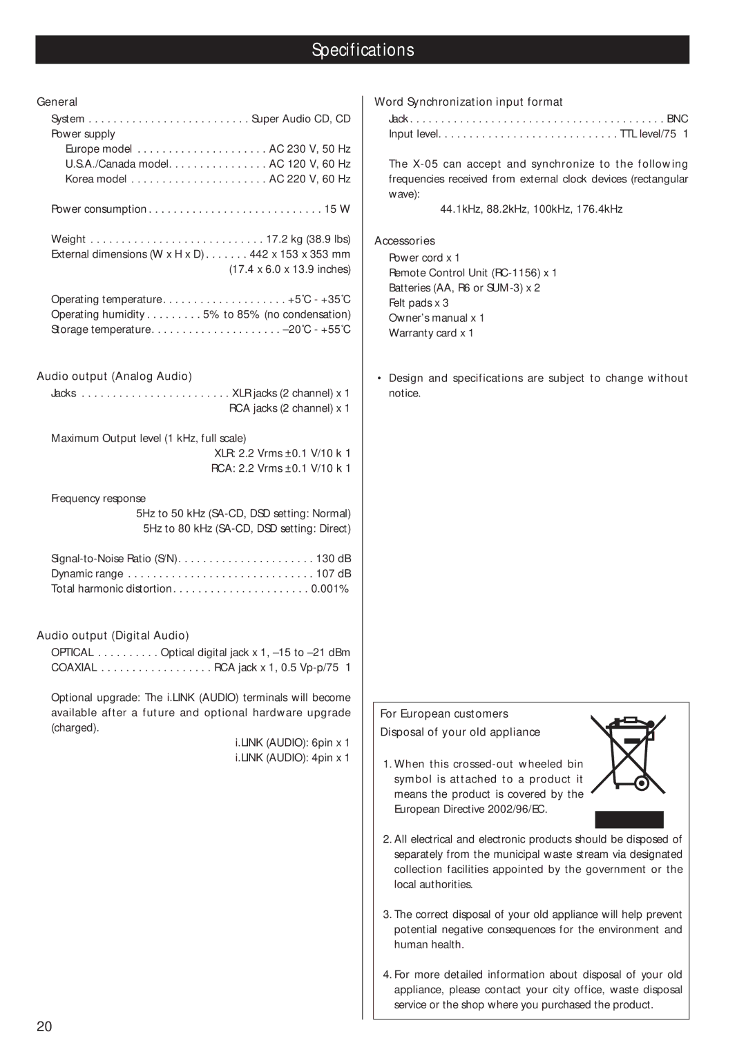 Esoteric X-05 owner manual Specifications 