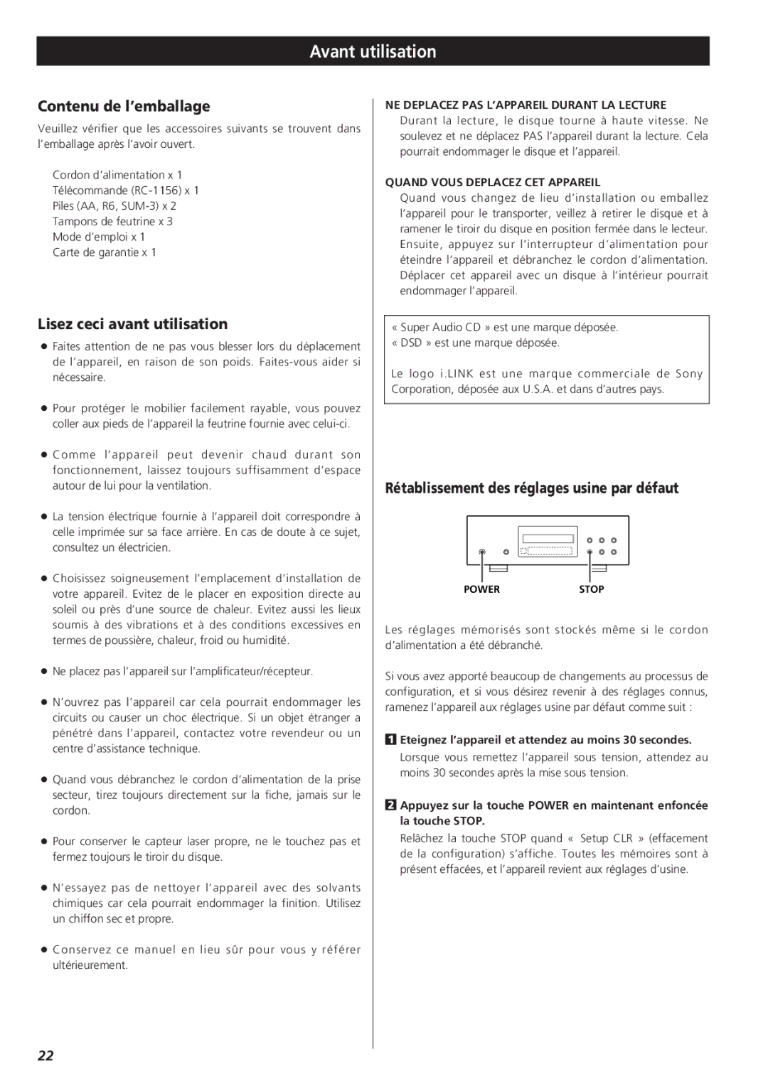 Esoteric X-05 owner manual Avant utilisation, Contenu de l’emballage, Lisez ceci avant utilisation 