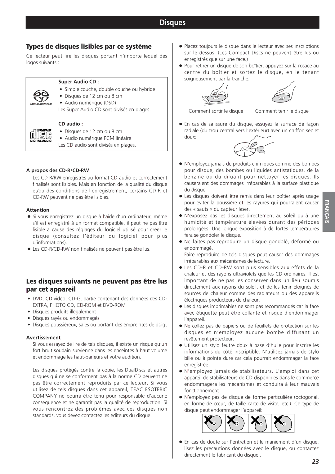 Esoteric X-05 Disques, Types de disques lisibles par ce système, CD audio, Propos des CD-R/CD-RW, Avertissement 