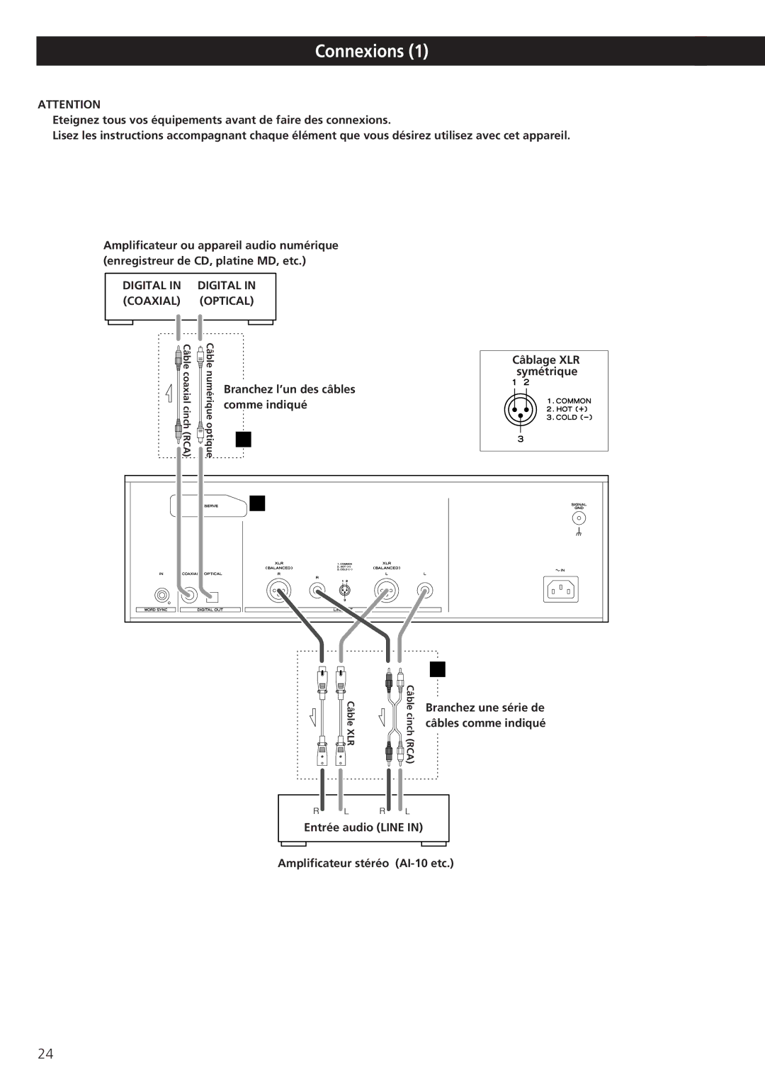 Esoteric X-05 owner manual Connexions, Entrée audio Line Amplificateur stéréo AI-10 etc 