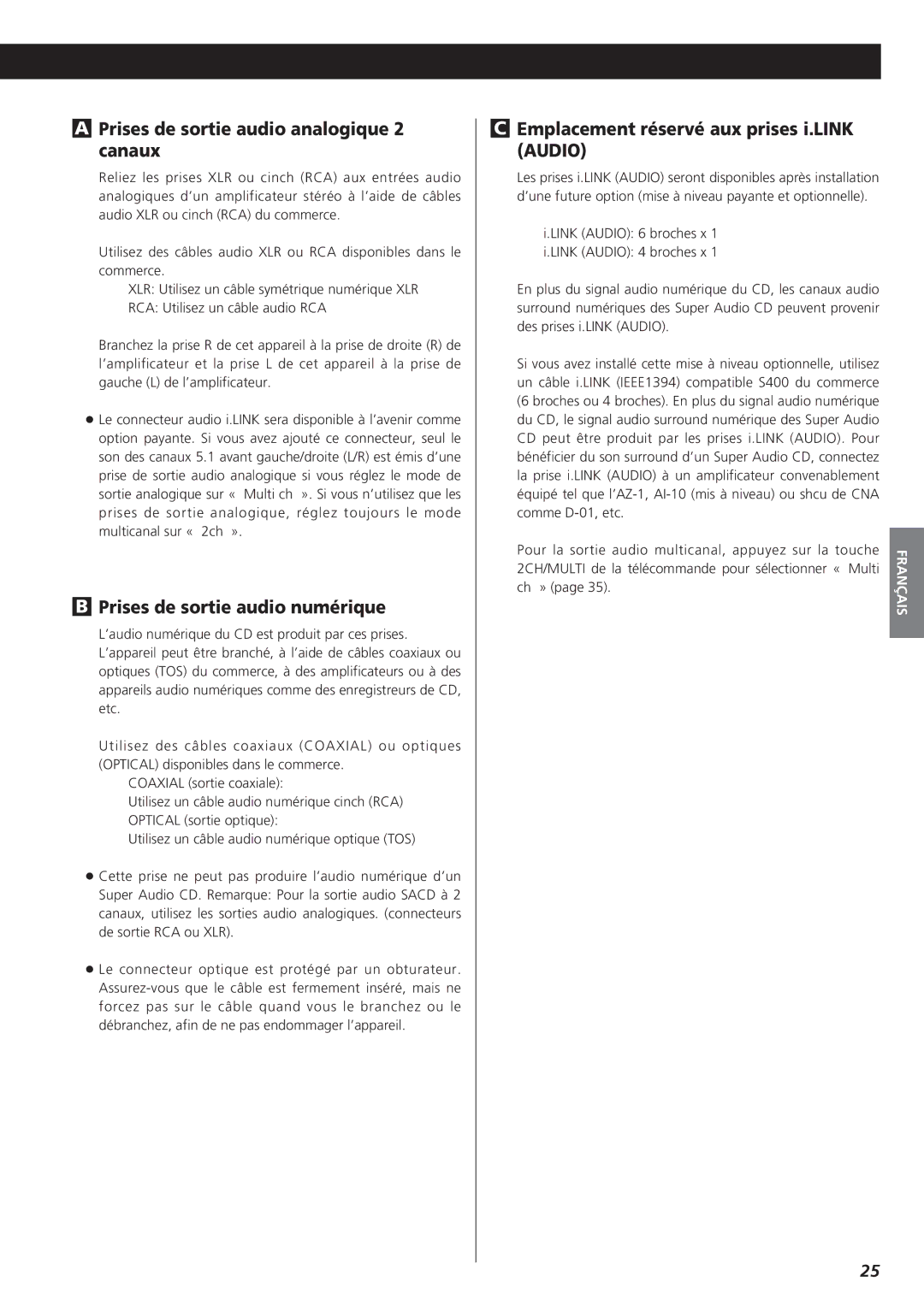 Esoteric X-05 owner manual Prises de sortie audio analogique 2 canaux, Prises de sortie audio numérique 