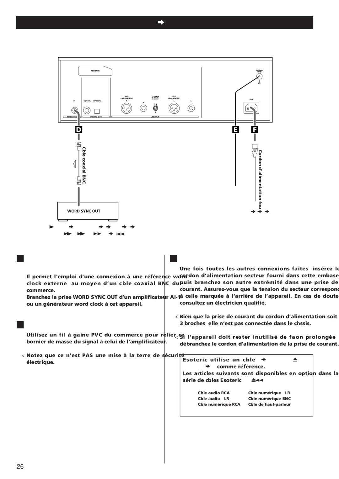 Esoteric X-05 owner manual Connecteur de synchronisation Word Clock, Bornier Signal GND masse du signal, Prise secteur 