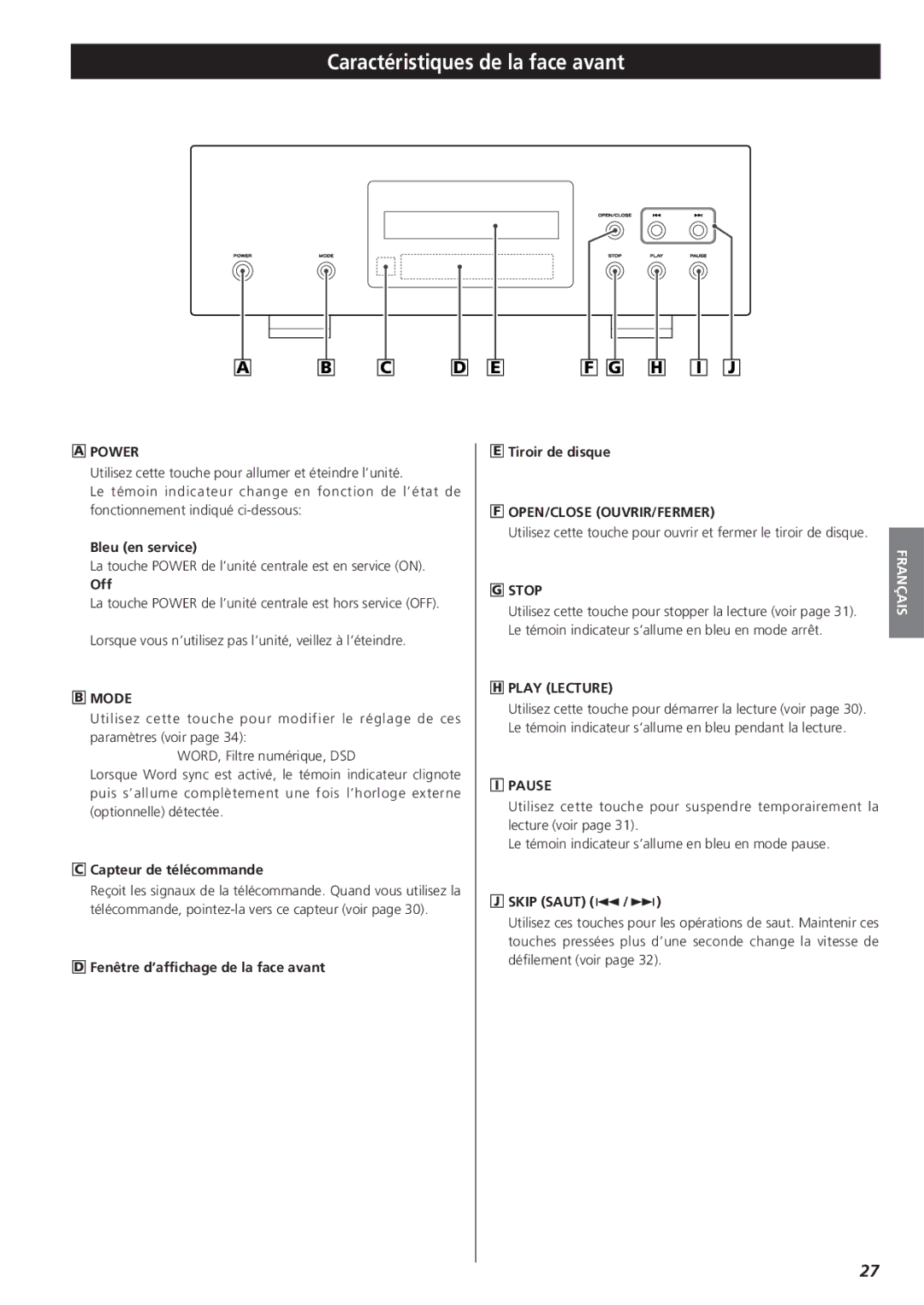 Esoteric X-05 owner manual Caractéristiques de la face avant, Open/Close Ouvrir/Fermer, Play Lecture 