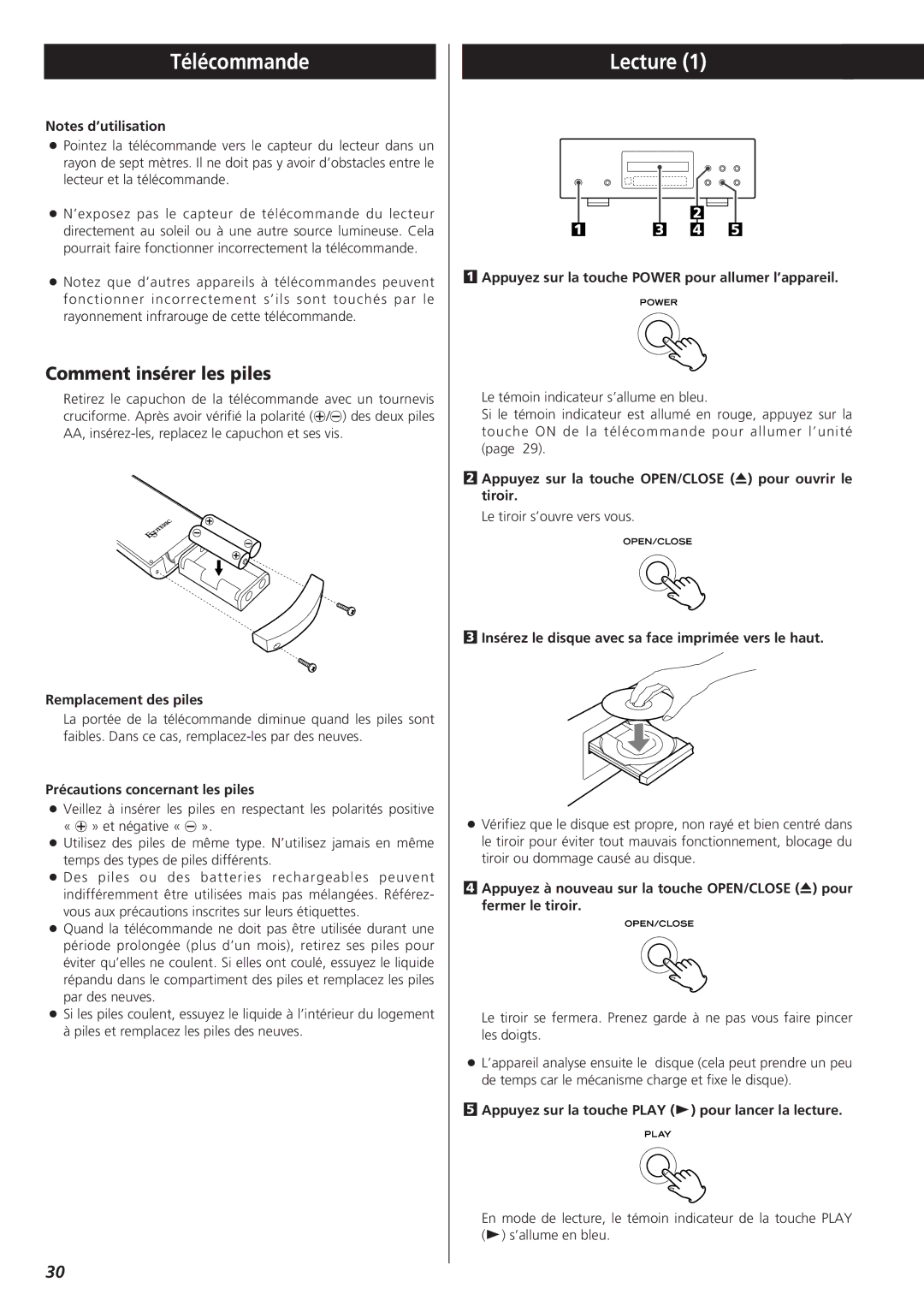 Esoteric X-05 owner manual Télécommande, Lecture, Comment insérer les piles 