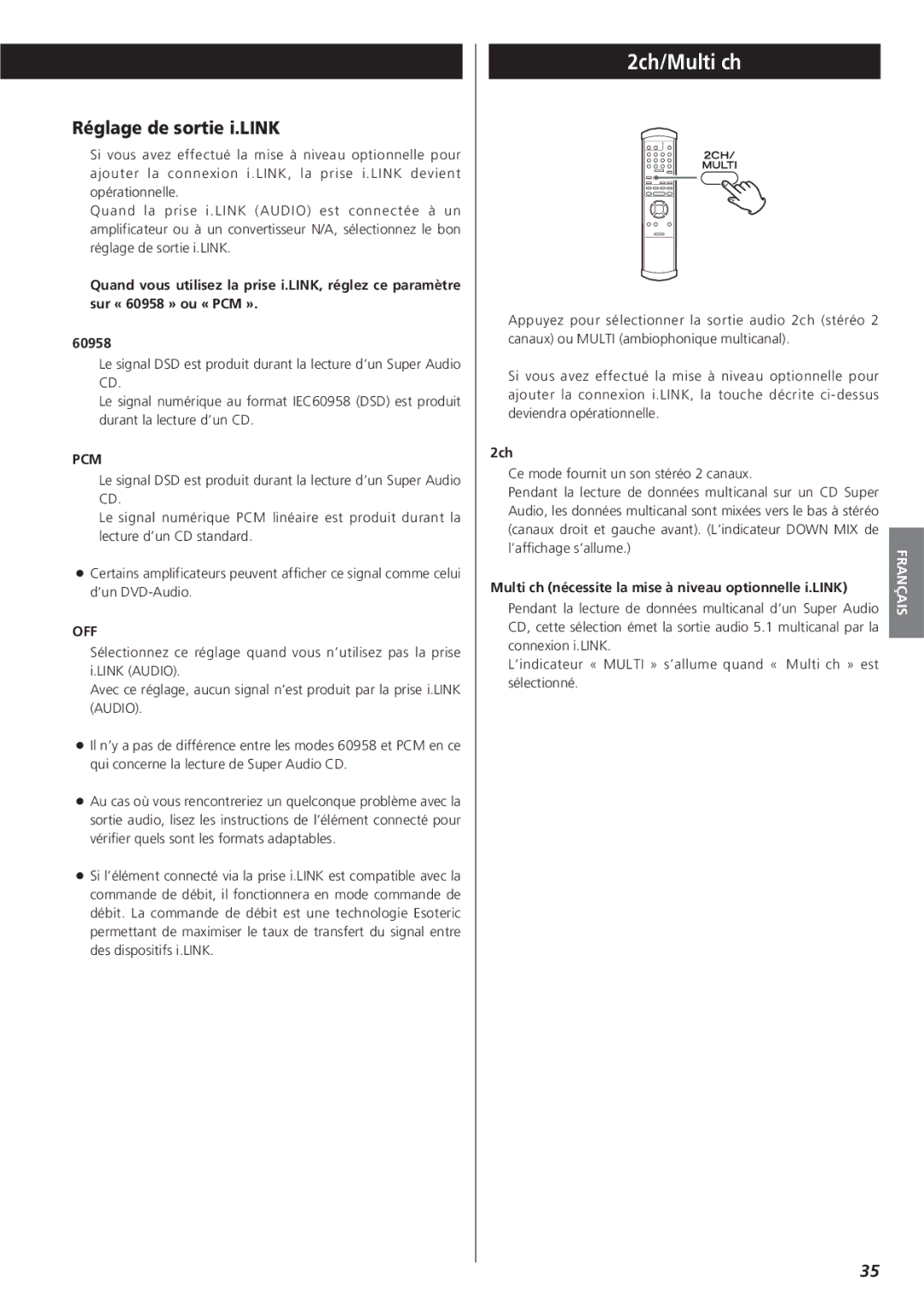 Esoteric X-05 owner manual Réglage de sortie i.LINK, Multi ch nécessite la mise à niveau optionnelle i.LINK 