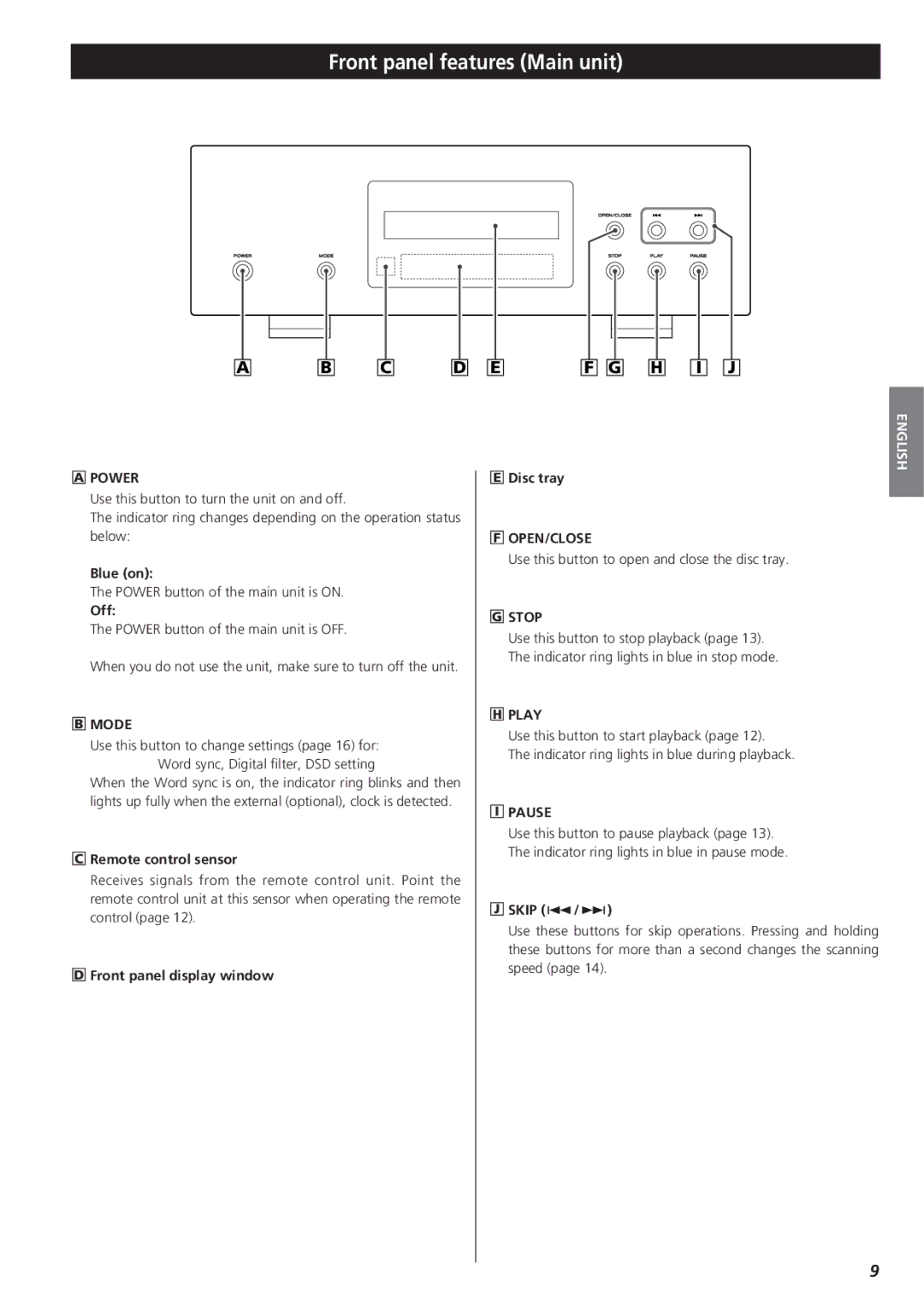 Esoteric X-05 owner manual Front panel features Main unit 