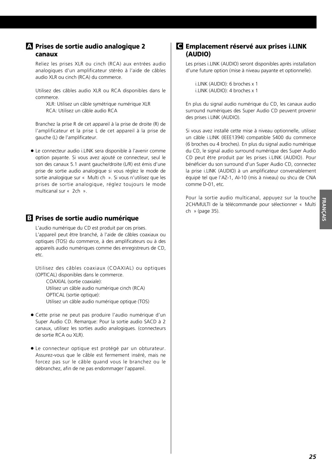 Esoteric X-05 owner manual APrises de sortie audio analogique 2 canaux, BPrises de sortie audio numérique, Français 
