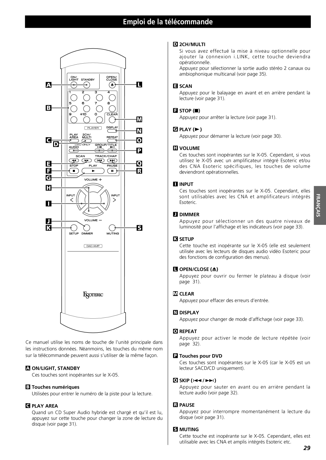 Esoteric X-05 owner manual Emploi de la télécommande 