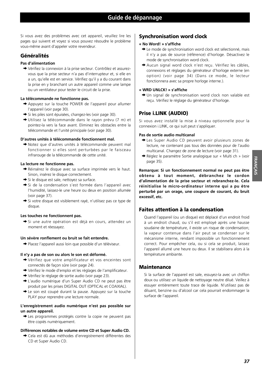 Esoteric X-05 Guide de dépannage, Généralités, Synchronisation word clock, Prise i.LINK AUDIO, Pas d’alimentation 