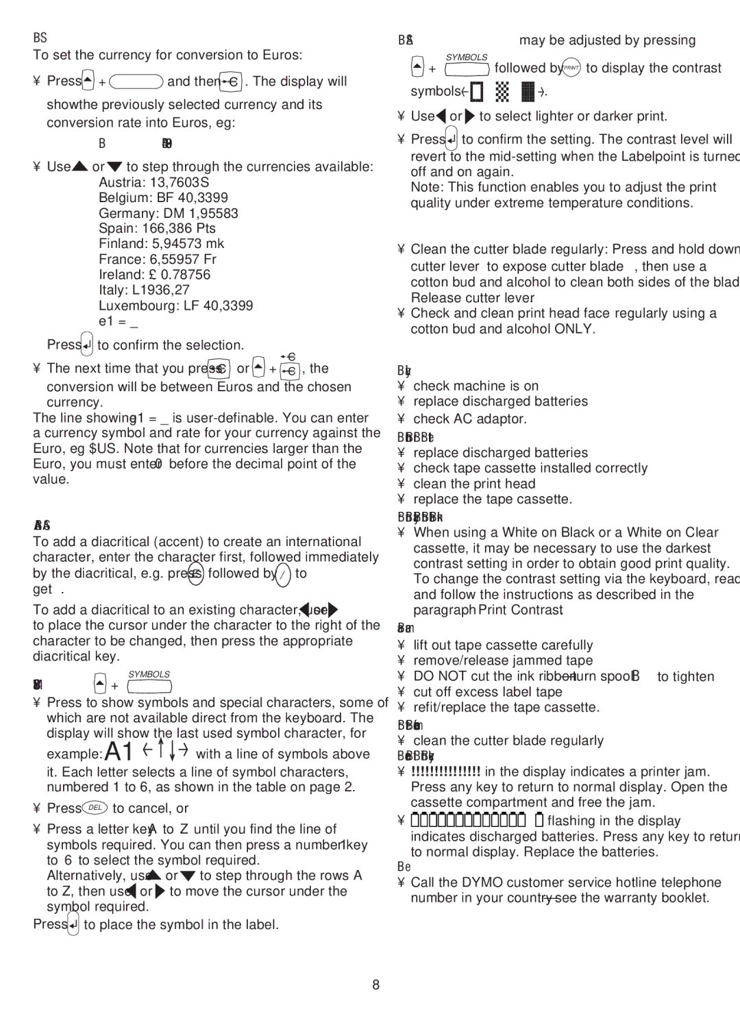 Esselte LP300 manual Symbols and special characters, Cleaning, Troubleshooting, Euro SET-UP, International Characters 