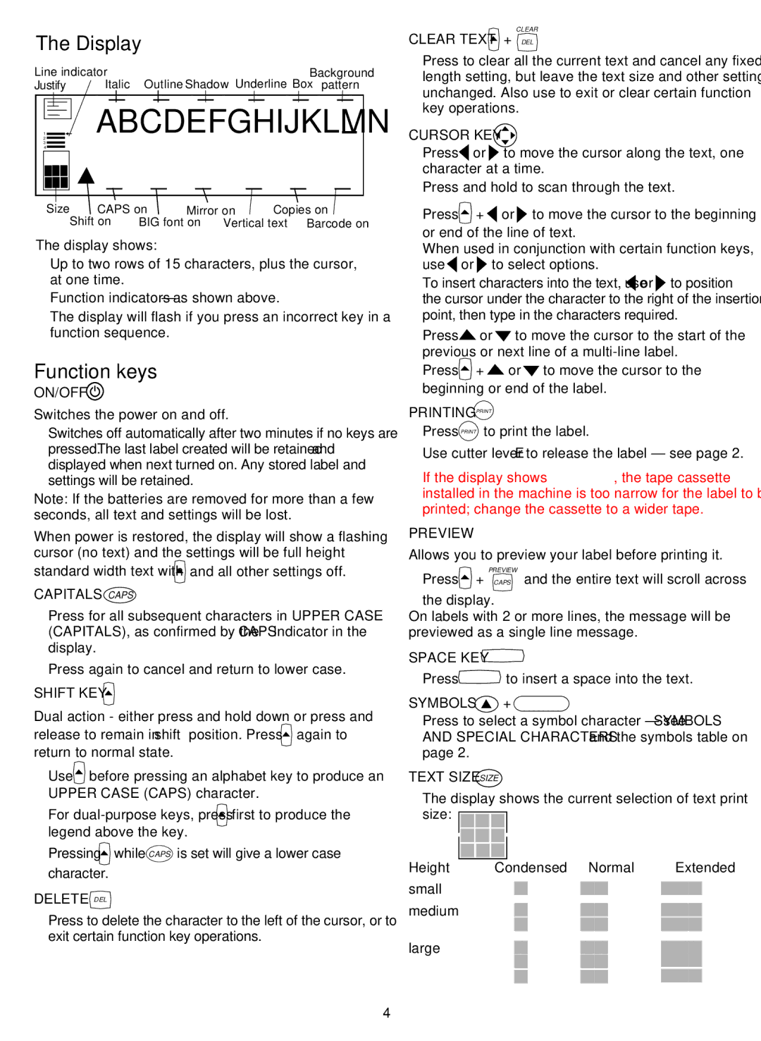 Esselte LP300 manual Display, Function keys 