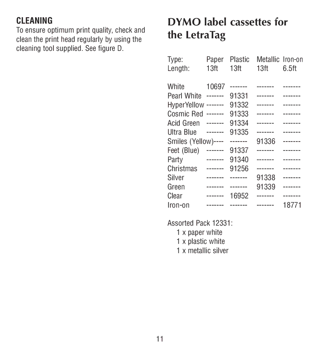 Esselte QX50 manual Dymo label cassettes for the LetraTag, Cleaning 