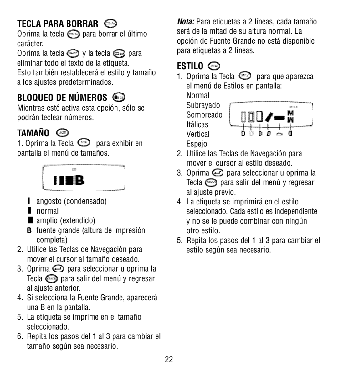 Esselte QX50 manual Tecla Para Borrar, Bloqueo DE Números, Tamaño, Estilo 