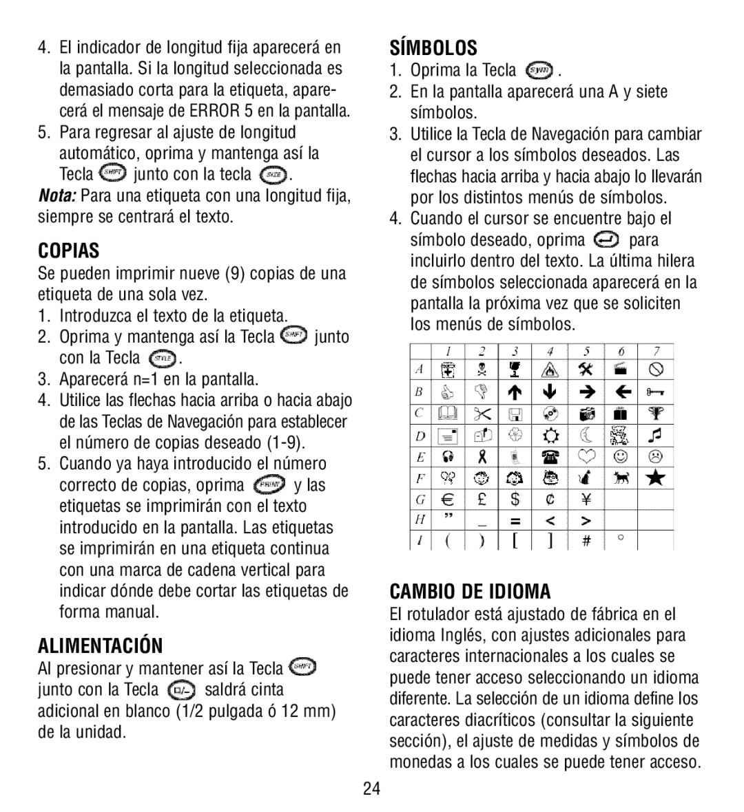 Esselte QX50 manual Copias, Alimentación, Símbolos, Cambio DE Idioma 