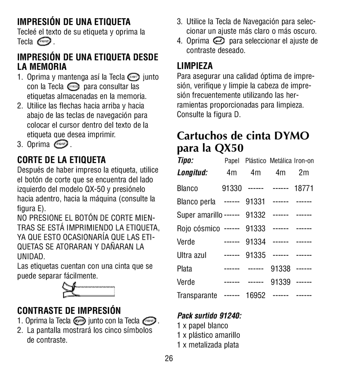 Esselte manual Cartuchos de cinta Dymo para la QX50 