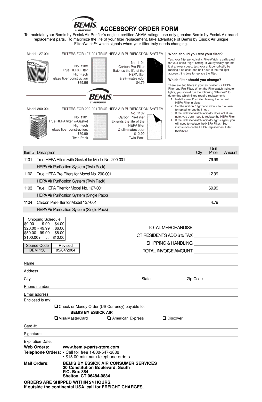 Essick Air 127-001 manual Accessory Order Form 