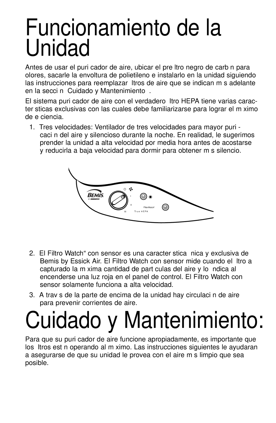 Essick Air 127-001 manual Funcionamiento de la Unidad, Cuidado y Mantenimiento 