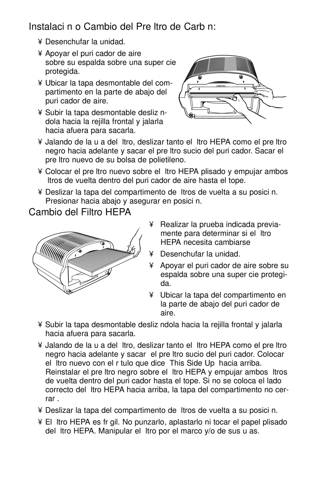 Essick Air 127-001 manual Instalación o Cambio del Preﬁltro de Carbón, Cambio del Filtro Hepa 