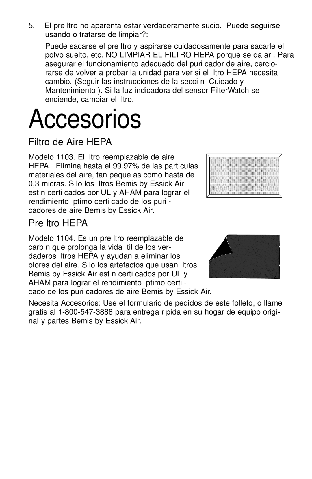 Essick Air 127-001 manual Accesorios, Filtro de Aire Hepa, Preﬁltro Hepa 