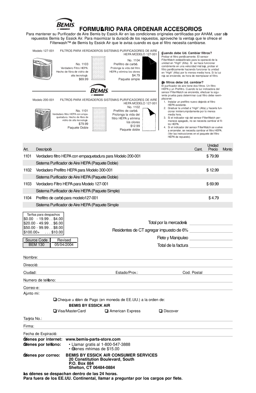 Essick Air 127-001 manual Formulario Para Ordenar Accesorios 