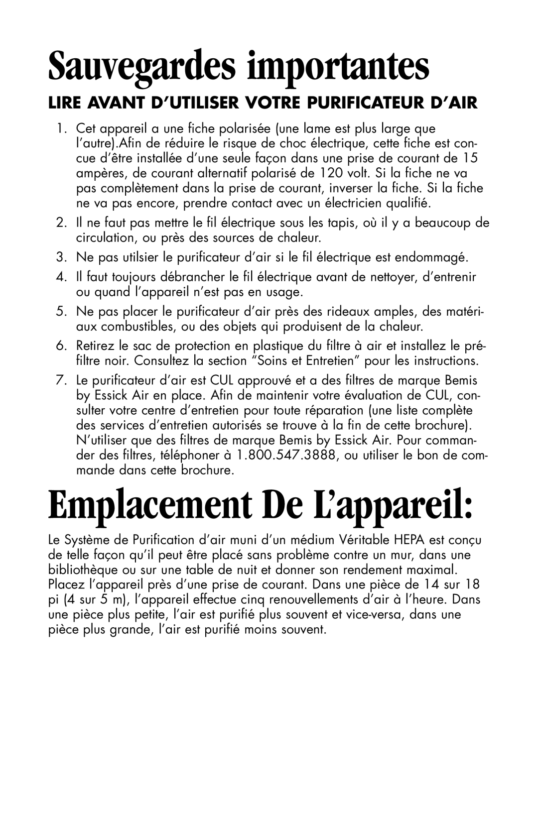 Essick Air 127-001 manual Sauvegardes importantes, Lire Avant D’UTILISER Votre Purificateur D’AIR 