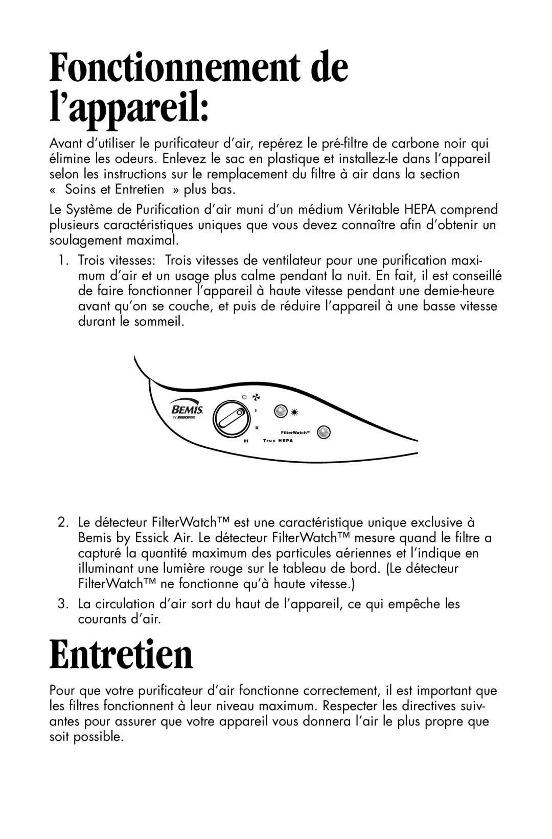 Essick Air 127-001 manual Entretien, Fonctionnement de l’appareil 