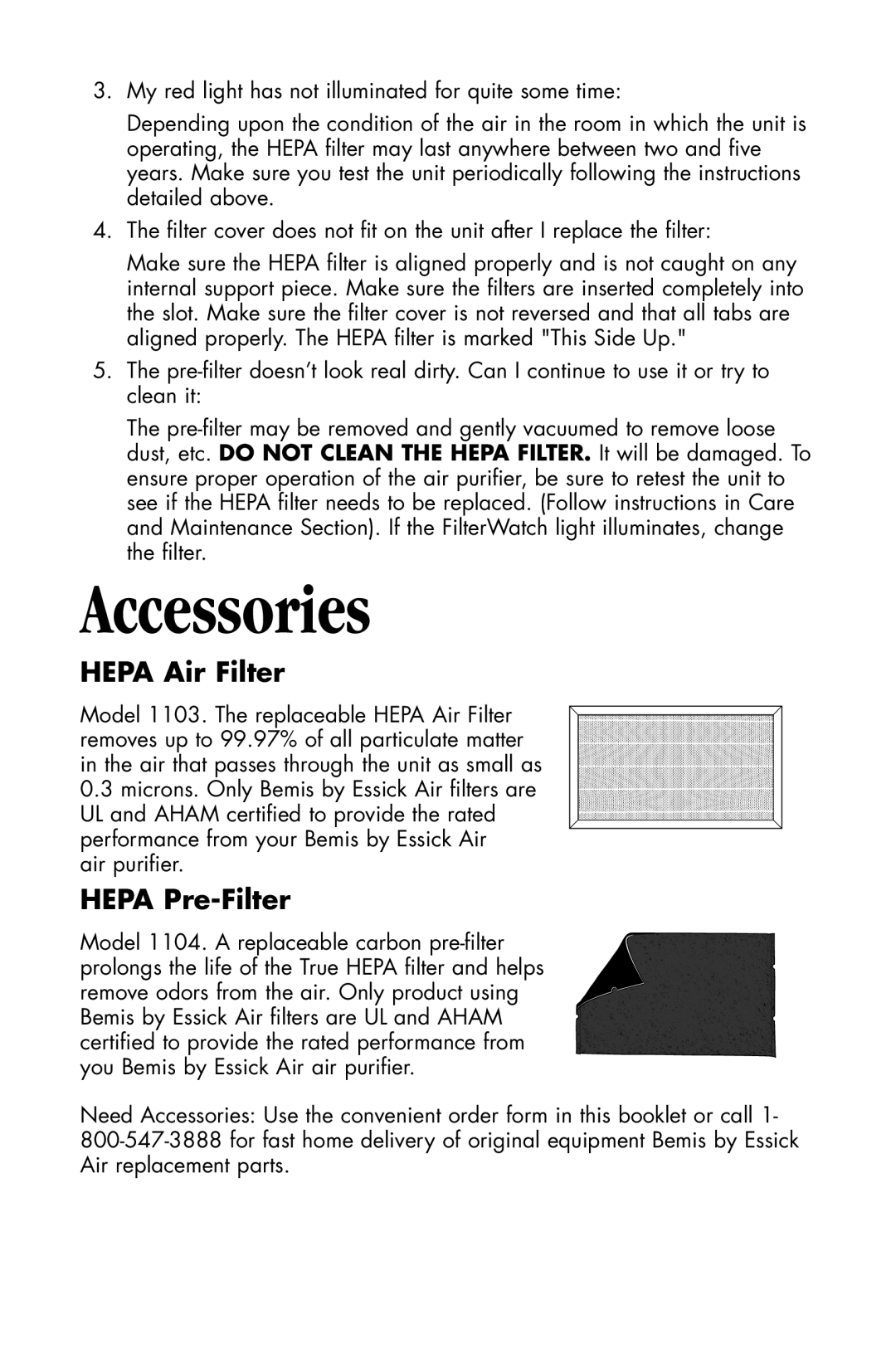 Essick Air 127-001 manual Accessories, Hepa Air Filter, Hepa Pre-Filter 