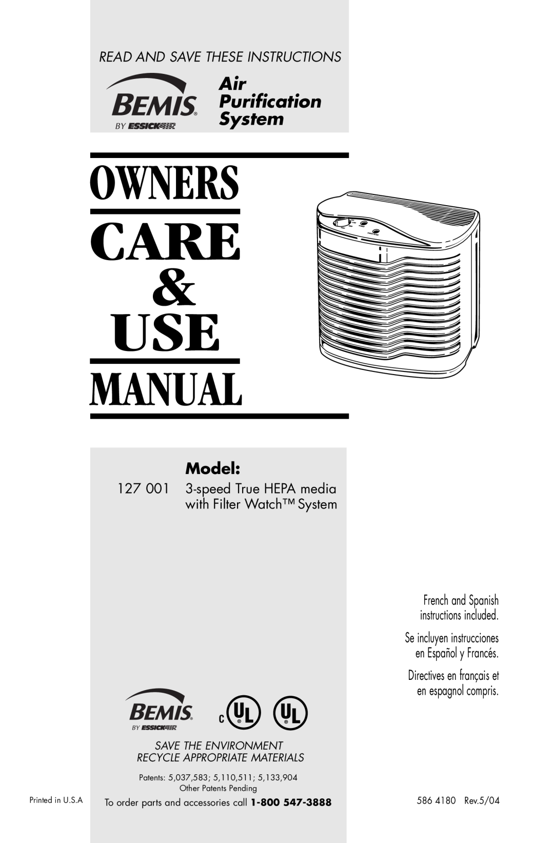 Essick Air 127-001 manual Owners, Manual, Air Puriﬁcation System, Model, Read And Save These Instructions, Care & Use 