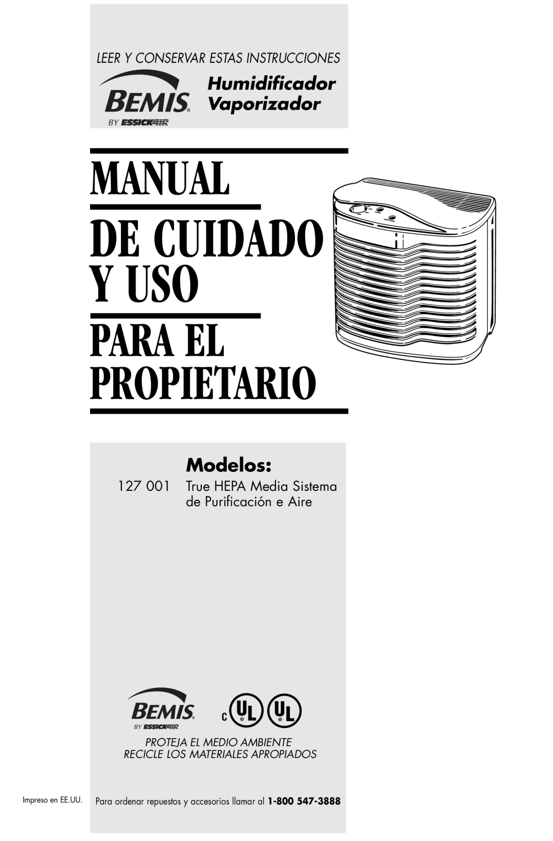 Essick Air 127-001 manual Manual, Para El Propietario, De Cuidado Y Uso, Humidiﬁcador Vaporizador, Modelos 